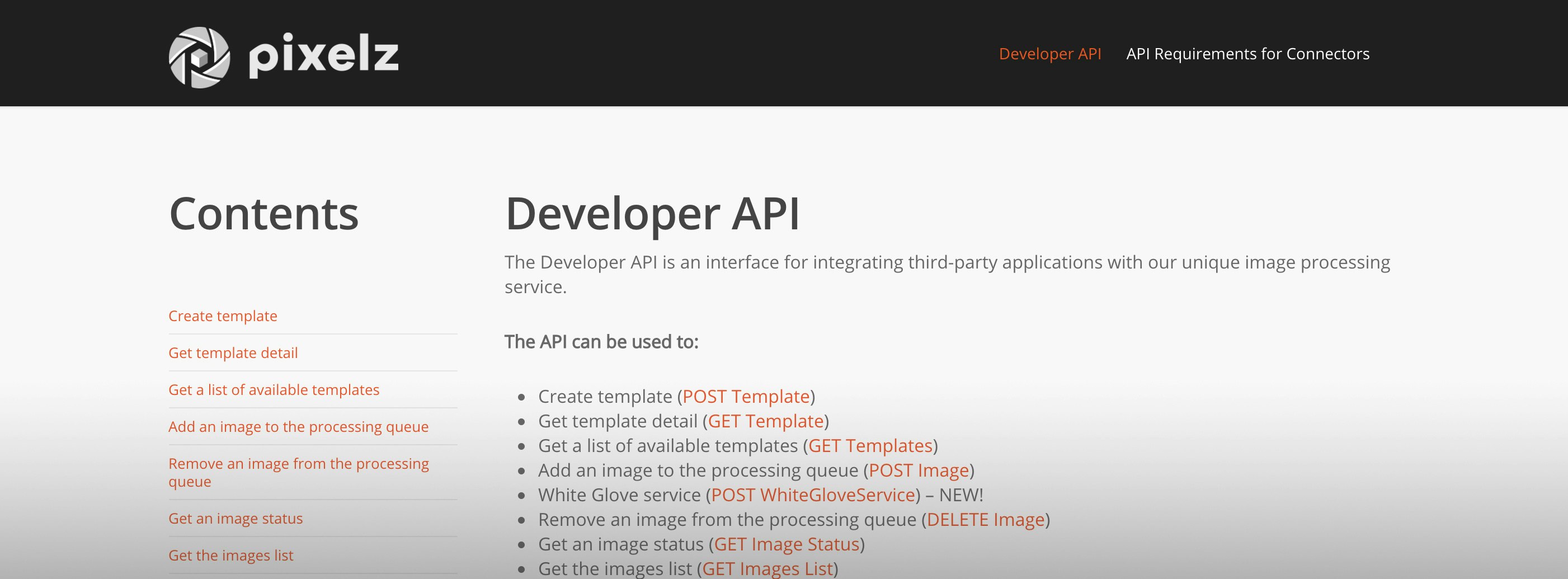 Screenshot of Pixelz product image retouching developer API documentation