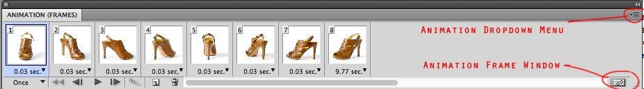 Here is the Animation Window in Frames Mode. The drop-down menu and frame vs.  		timeline icon are circled in red