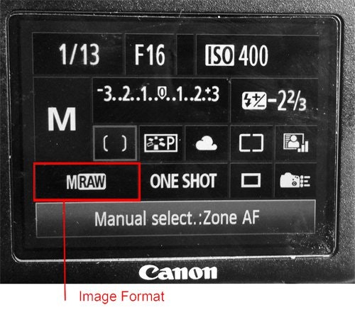 Fotografie de pe spatele aparatului foto Canon care evidențiază setarea formatului de imagine RAW