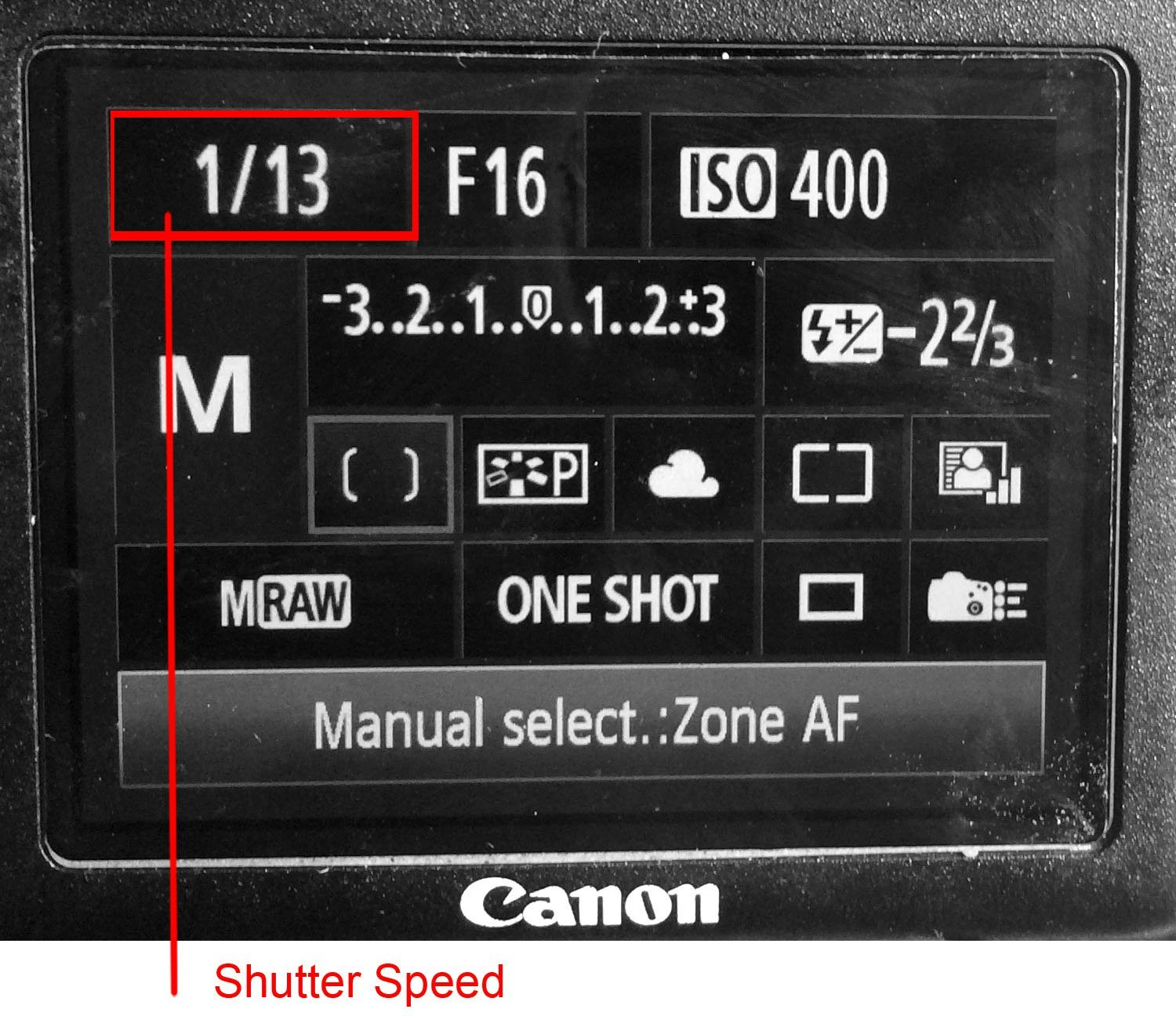 シャッター速度のカメラ設定を示すカメラ背面の写真